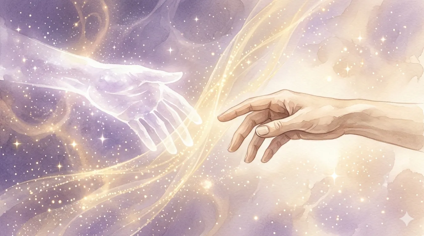 Deux mains tendues à travers un voile de lumière dorée - connexion médiumnique